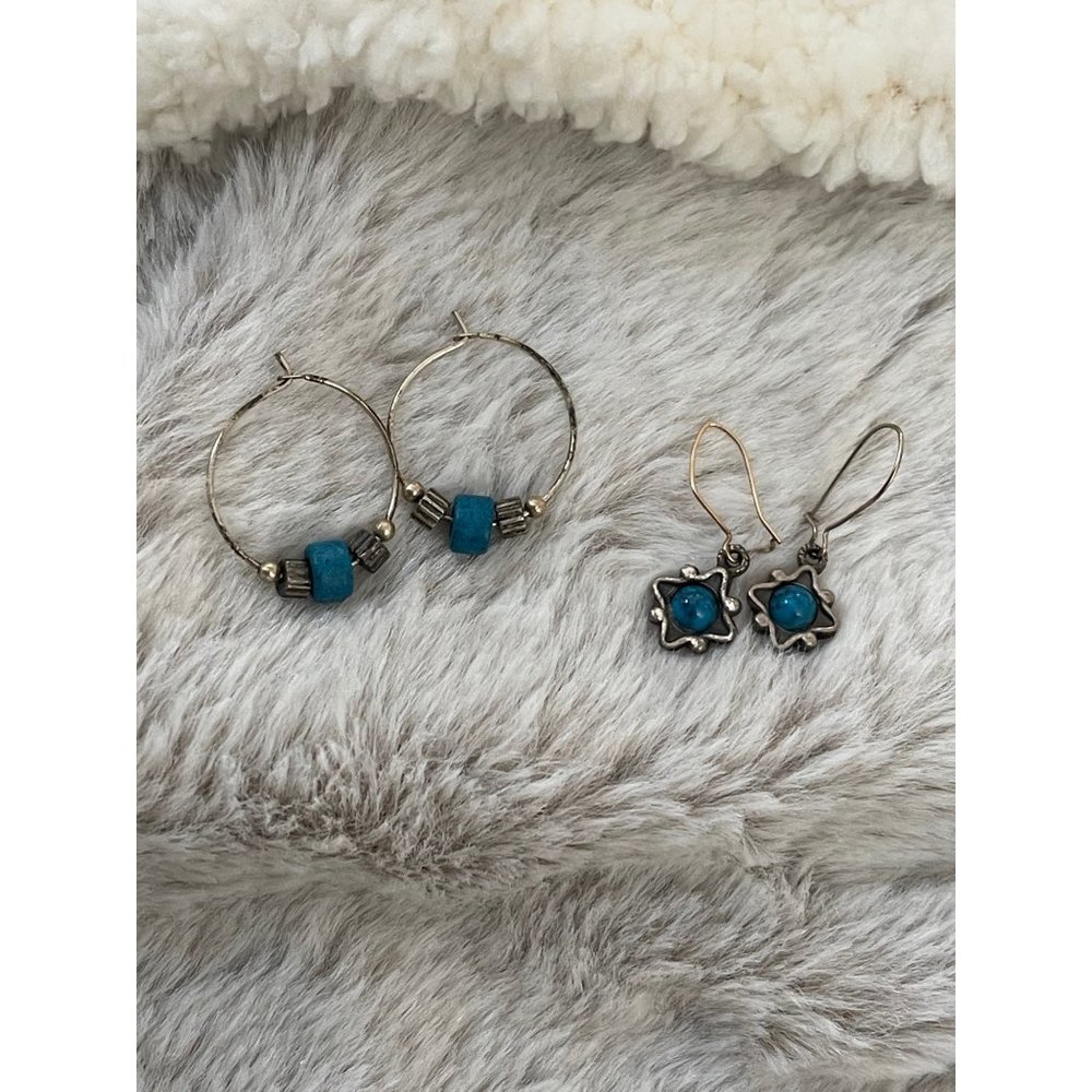 Teal Silver Tone Hoops / Dangle Earrings 2-Set